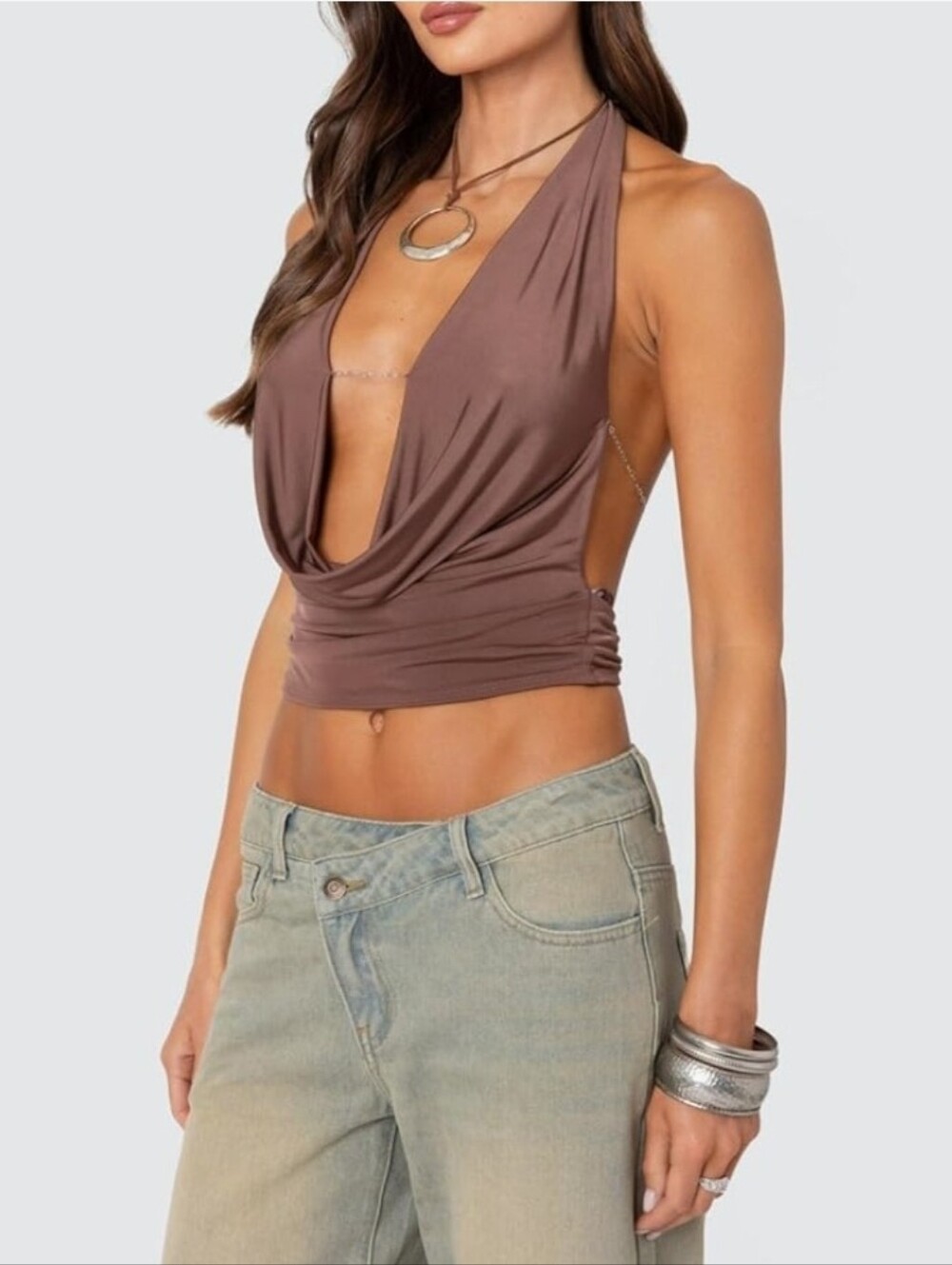 Crop Halter Top With Chain Plunge Cowl Neck Brown Slinky Clubwear Size XS